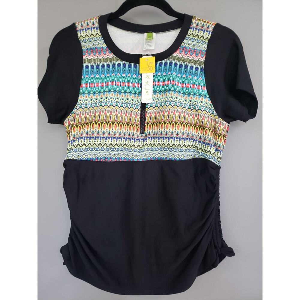 NWT $99 NEXT ATHENA GEO PRINT BLACK ZIP SWIM SHIRT TOP RASH GUARD 36B / C